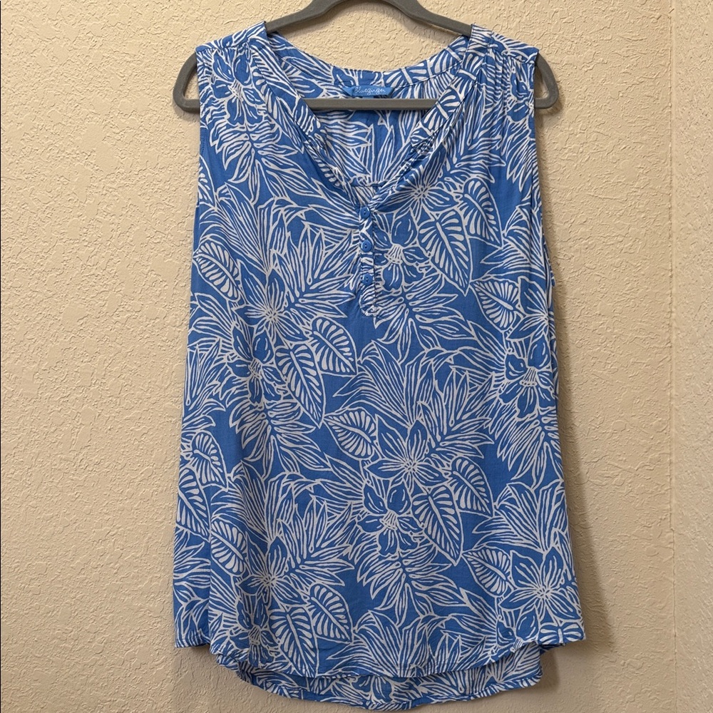 Blue Ginger Saturn Tank, Blue & White Leaf Print